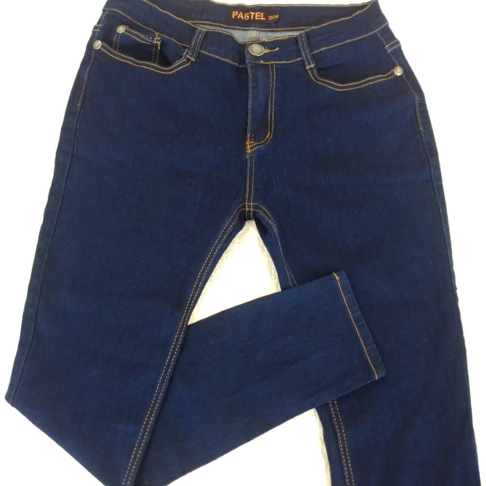 Pastel midrise super dark blue basic plain gold stitch stretchy jeans size 13/14